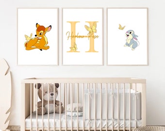 May include: Three nursery prints featuring a yellow butterfly, a deer with yellow butterflies, and a bunny rabbit with yellow butterflies. The middle print has the name "Harlow-Rose" written in yellow script.