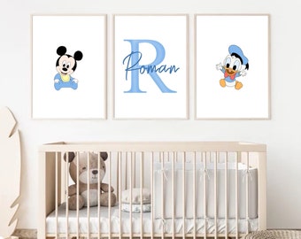 Custom Personalised Baby Mickey Mouse and Donald Duck Nursery or Kids Room Prints Blue