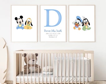 Custom Personalised Baby Mickey Mouse, Pluto, Donald Duck and Goofy Nursery or Kids Room Prints