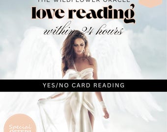 May include: A woman with long brown hair wearing a white dress stands in front of a white feathered angel wing background. The text "THE WILDFLOWER ORACLE love reading within 24 hours YES/NO CARD READING" is displayed on the image. The text "NEW!" is in a pink box in the upper right corner of the image. The text "Special OFFER!!" is in a pink circle in the lower left corner of the image.
