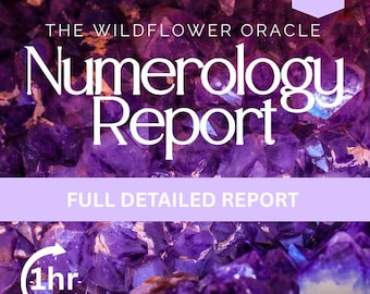 May include: A purple amethyst crystal background with the text "The Wildflower Oracle Numerology Report" and "Full Detailed Report". A clock icon with the text "1hr" is in the bottom left corner.