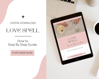May include: A digital download for a love spell guide. The guide is on a tablet screen with a pink background and the text "LOVE SPELL How to Step by Step" in black. The text "Your Guide to Manifesting Love into your life" is also on the screen. The text "The Willower Oracle" is at the bottom of the screen.