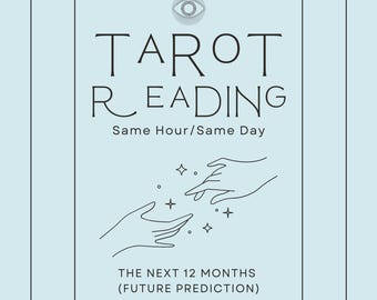 May include: A blue and white illustration of two hands reaching towards each other with stars in between. The text "TAROT READING" is above the hands, and the text "Same Hour/Same Day" is below the hands. The text "THE NEXT 12 MONTHS (FUTURE PREDICTION)" is below the hands.