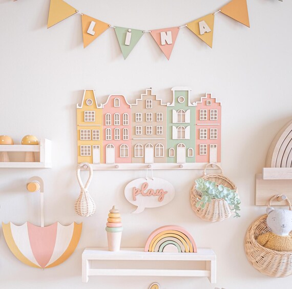 Wooden Wall Hook for Kids Room, Pastel Nursery Wall Organizer
