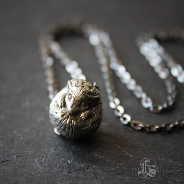 Little Hedgehog Pendant Necklace in Pewter