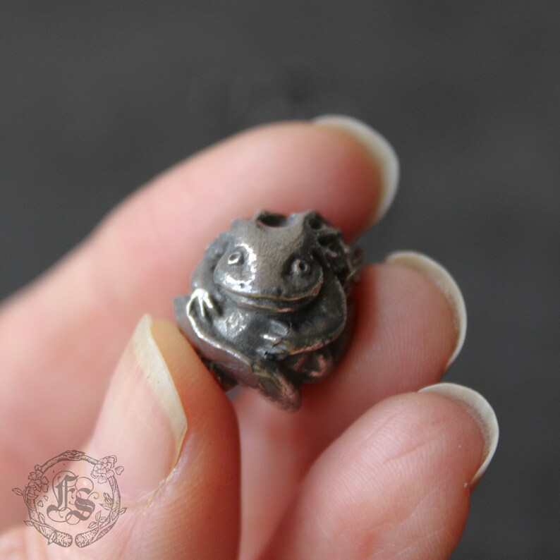 May include: A silver charm in the shape of a frog sitting on a leaf. The charm is detailed and has a realistic appearance.