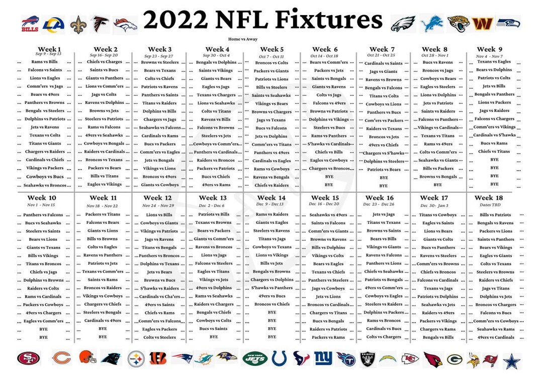 2022 NFL Fixture List Wall Chart NFL Games NFL Poster Etsy