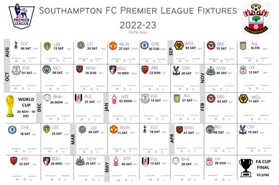 Southampton FC Printable Fixture List Wall Chart Southampton - Etsy