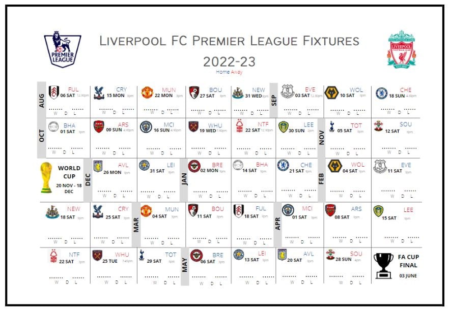 Liverpool FC Printable Fixture List Wall Chart Liverpool FC Etsy UK