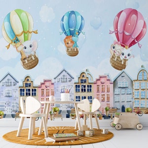 Animali in mongolfiera / Carta da parati per cameretta dei bambini / Sopra la città Cielo in mongolfiera / Stacca e incolla / Decorazione da parete autoadesiva rimovibile