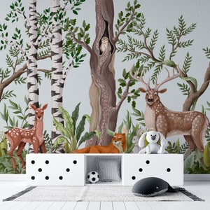 Animali selvatici della foresta / Carta da parati per cameretta dei bambini / Palma esotica Giraffa Leone Zebra / Stacca e incolla / Autoadesiva rimovibile