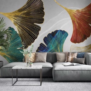 Ginko Biloga Goldene Tapete | Luxus Moderne Wanddekoration | Natur Bunte Blätter Wandbild | Schälen und Aufkleben | Wieder ablösbar, selbstklebend