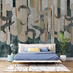 Emerald Green Beige Art Deco Wallpaper | Luxury Modern Design WallDeco | Art Nouveau Abstract Mural | Peel and Stick Removable Self-Adhesive