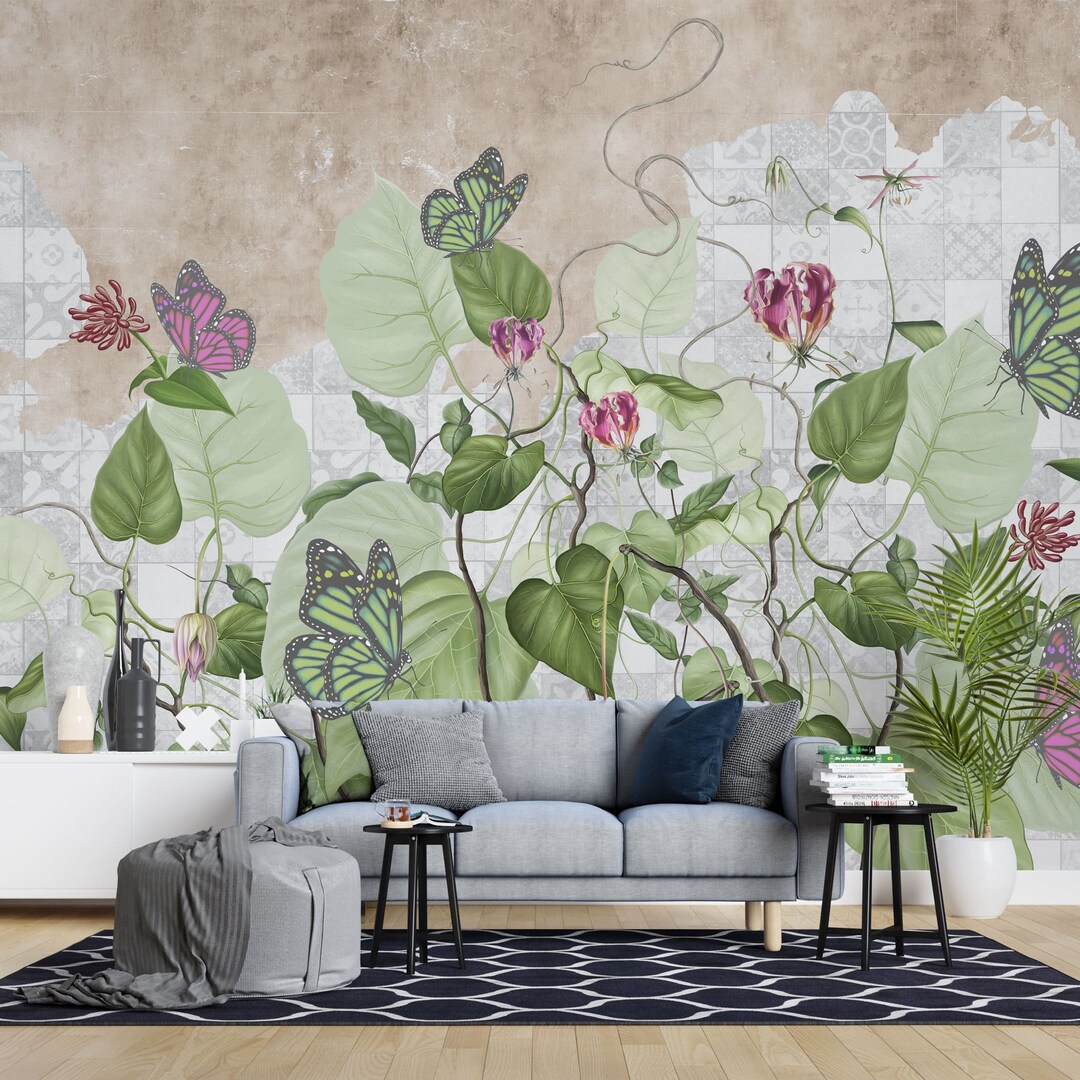 Green Leaf Butterfly Wallpaper | Luxury Modern Wall Decor | Nature ...
