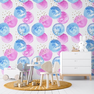 Watercolor Dots Pattern | Kids Room Wallpaper Nursery | Colorful Circle Dots Pink Blue Pattern | Peel and Stick | Removable Self-Adhesive