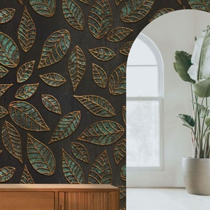 3D Emerald Leaf Wallpaper | Luxury Modern Wall Decor | Nature Copper Bronze Leaves Pattern Mural | Peel and Stick | Removable Self-Adhesive