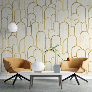 Golden White Art Deco '20 Century Arches Wallpaper | Luxury Modern Design | Abstract Wall Mural | Peel and Stick |  Removable Self-Adhesive