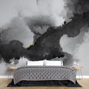 Abstract Black Watercolor Wallpaper | Modern Abstract Wall Deco | Ink Art Painted Wall Mural | Peel and Stick | Removable Self-Adhesive