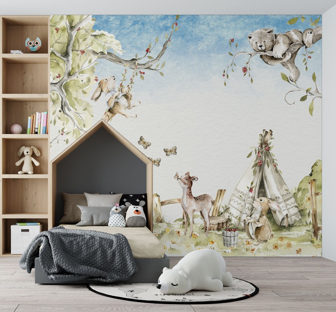 Watercolor Forest Animals | Kids Room Wallpaper Nursery | Deer ...