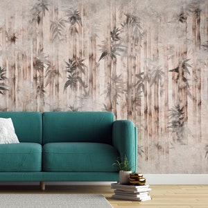 Carta da parati con foglie di bambù color seppia / Decorazione da parete moderna di lusso / Murale con foglie orientali asiatiche / Stacca e incolla / Autoadesivo rimovibile