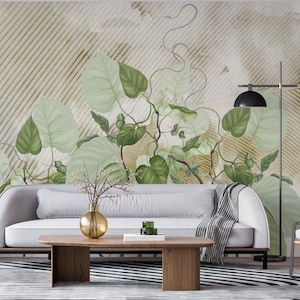 Carta da parati a strisce di foglie verdi / Decorazione da parete moderna di lusso / Natura Beige Foglie verdi Texture murale / Stacca e incolla / Autoadesivo rimovibile