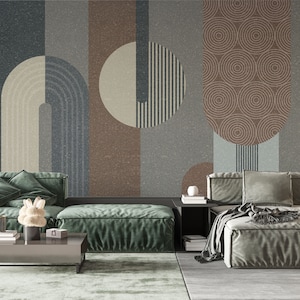 Beige Bauhaus Art Deco Tapete | Luxus-modernes Design | Abstrakte Kunst Neutrale Elemente Wandbild | Schälen und Aufkleben | Wieder ablösbar, selbstklebend