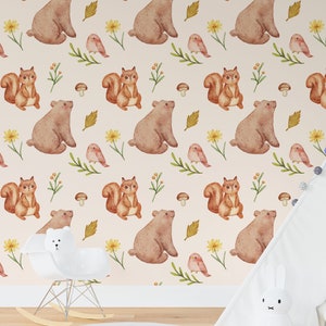 Motivo animali della foresta / Carta da parati per camera dei bambini Asilo nido / Orso Scoiattolo Natura Sfondo rosa / Stacca e incolla /Decorazione murale autoadesiva rimovibile