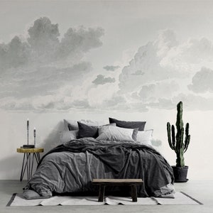 Black & White Clouds Watercolor Wallpaper | Modern Abstract Wall Deco | Ink Art Painted Sky Mural | Peel and Stick | Removable Self-Adhesive