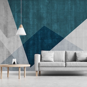 Blue Overlay Shapes Abstract Wallpaper | Luxury Modern Wall Decor | Textured Art Wall Mural | Peel and Stick | Removable Self-Adhesive