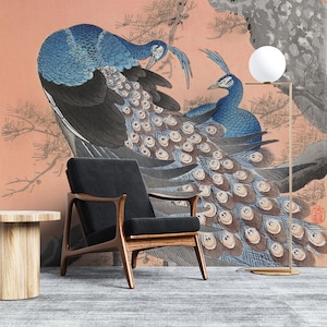 Oriental Peacocks Wallpaper | Japanese Luxury Design Chinoiserie Botanic Asian Wall Deco Mural | Peel and Stick | Removable Self-Adhesive