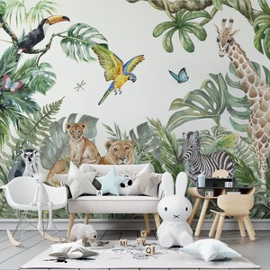 Paesaggio della giungla con animali selvatici / Carta da parati per la camera dei bambini / Cameretta dei bambini / Palma esotica Giraffa Leone Zebra / Stacca e incolla / Autoadesiva rimovibile