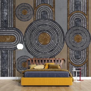 Anthrazit Boho Art Deco Tapete | Luxus-modernes Design | Bauhaus Abstrakte Kunst Elemente Wandbild | Schälen und Aufkleben | Wieder ablösbar, selbstklebend