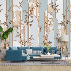 Carta da parati Art Déco in oro blu baby / Decorazione da parete dal design moderno di lusso / Murale astratto in stile Art Nouveau / Autoadesivo rimovibile con stacca e incolla