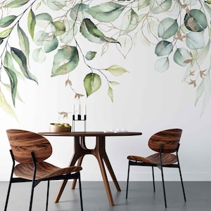 Carta da parati acquerello con foglie verdi glitterate / Decorazione murale moderna floreale oro / Murale con inchiostro artistico / Stacca e incolla / Autoadesivo rimovibile