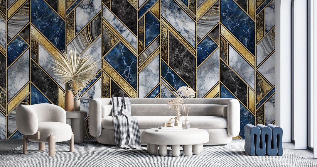 Blue Gold Luxury Marble Texture Wallpaper | Modern Design | White Stone ...