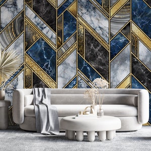 Blue Gold Luxury Marble Texture Wallpaper | Modern Design | White Stone Art Deco Abstract Mural | Peel and Stick | Removable Self-Adhesive