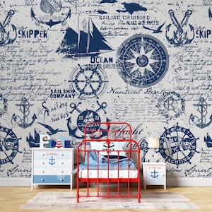 Mapa de vela azul / Vivero de fondos de pantalla para niños / Barcos navales marítimos anclan montaña / Pelar y pegar / Decoración de pared autoadhesiva extraíble