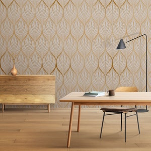 Mid Century Gold Leaf Art Deco Wallpaper | Luxury Modern Design | Art Nouveau Abstract Mural | Peel and Stick Removable Self-Adhesive