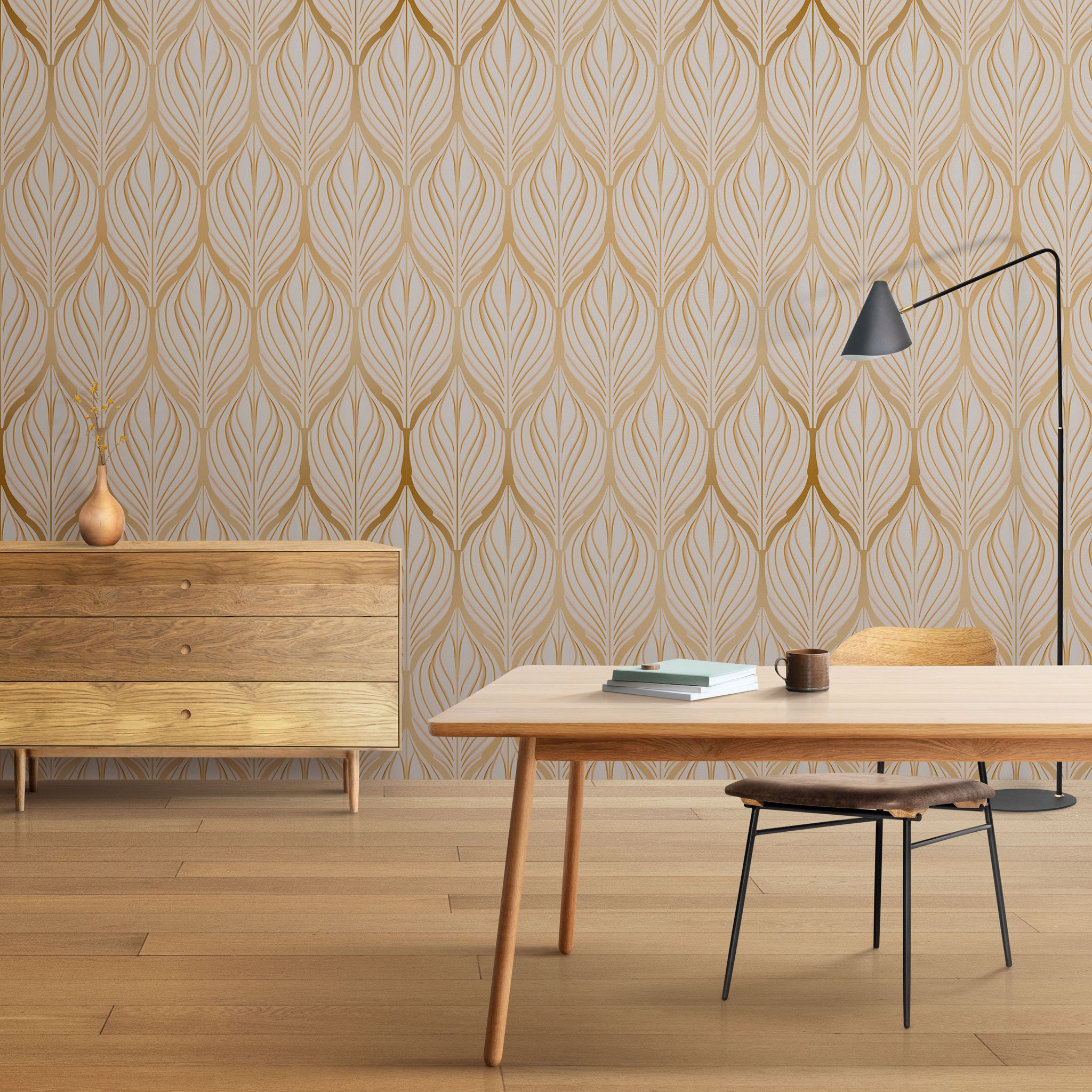Mid Century Gold Leaf Art Deco Wallpaper Luxury Modern Design Art ...