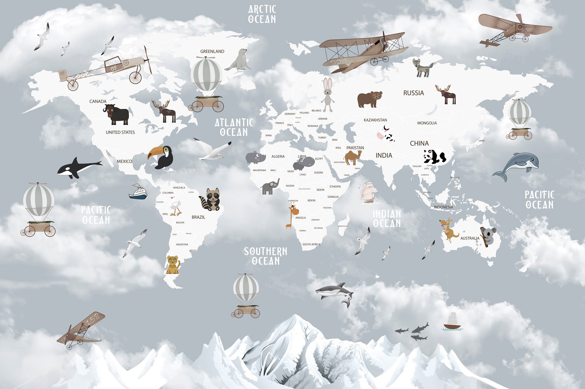 Animal World Map | Kids Room Wallpaper Nursery | Animals Winter World ...