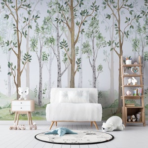 Forêt brumeuse | Papier peint pour chambre d'enfant | Forêt verte naturelle avec brouillard et feuilles | Peler et coller | Décoration murale autocollante amovible