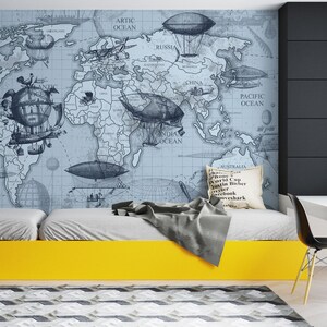 Blaue Zeppelin Karte | Kinderzimmer Tapete Kinderzimmer | Weltkarte mit Zeppelin Segelbooten | Schälen und Aufkleben | Abnehmbares selbstklebendes Wanddekor