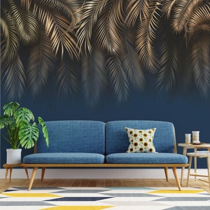 Golden Hanging Palm Leaf Tropical Wallpaper | Luxury Modern Wall Decor | Tropical Leaves Mural | Peel and Stick | Removable Self-Adhesive
