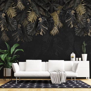 Carta da parati con foglie di Monstera in oro nero / Decorazione da parete moderna di lusso / Murale con foglie sbiadite appese alla natura / Stacca e incolla / Autoadesivo rimovibile
