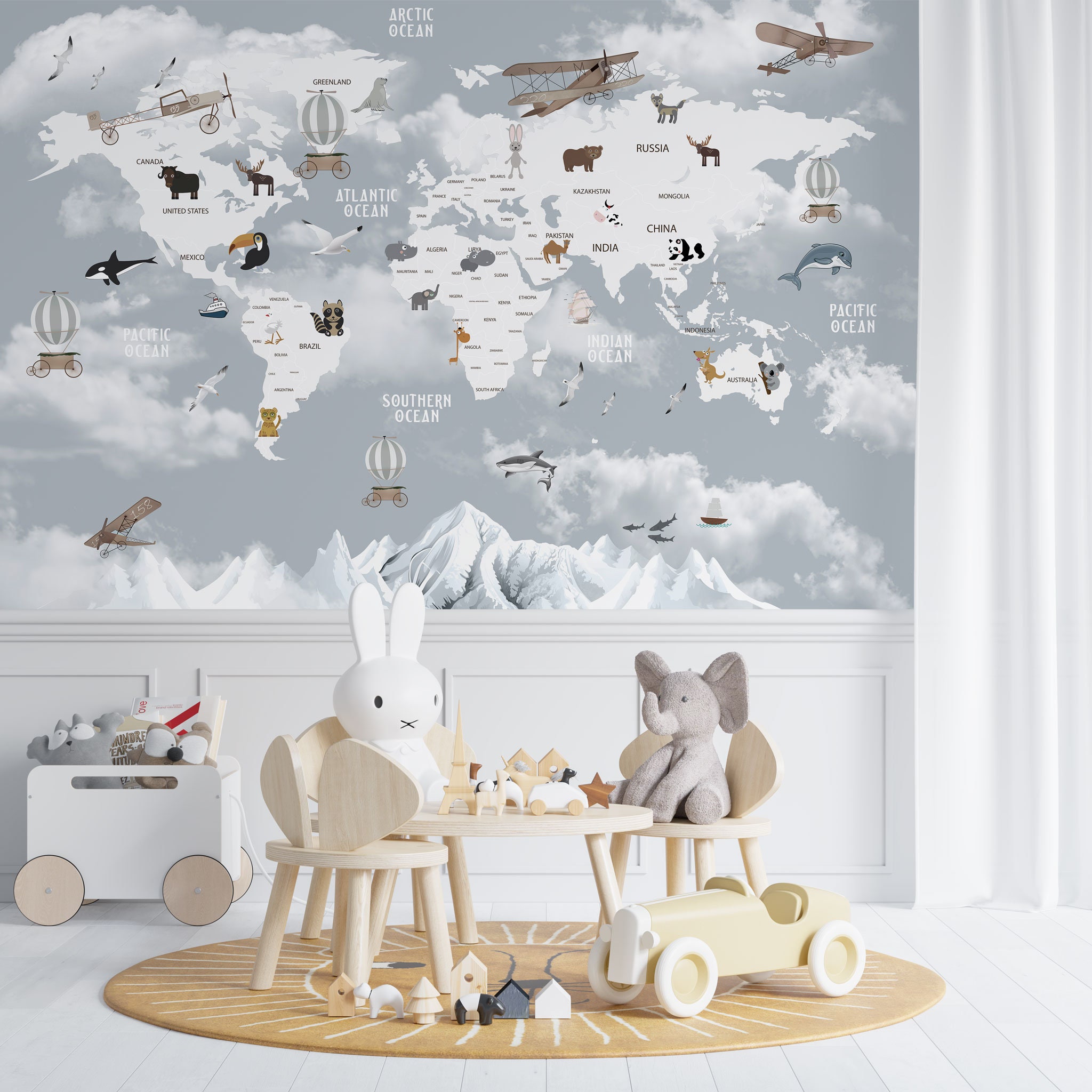 Animal World Map | Kids Room Wallpaper Nursery | Animals Winter World ...