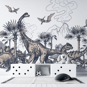 Dino Sketch / Carta da parati per camera dei bambini Asilo nido / Dinosauri Safari Giungla Vulcano / Stacca e incolla / Decorazione da parete autoadesiva rimovibile