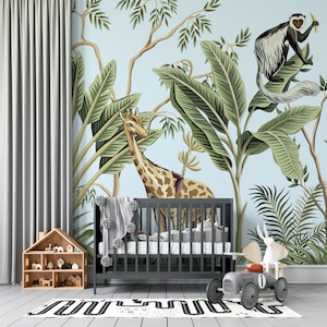 Paesaggio giungla safari / Carta da parati per cameretta dei bambini / Animali esotici Giraffa Scimmia / Stacca e incolla / Decorazione da parete autoadesiva rimovibile
