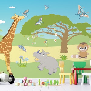 Safari con animali africani / Carta da parati per cameretta dei bambini / Giraffa Ippopotamo Farfalle Albero Fiori / Stacca e incolla / Autoadesiva rimovibile