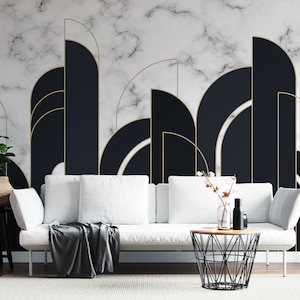 Carta da parati Art Déco Bauhaus nera dorata / Design moderno di lusso / Murale con archi di marmo astratti / Stacca e incolla / Autoadesivo rimovibile