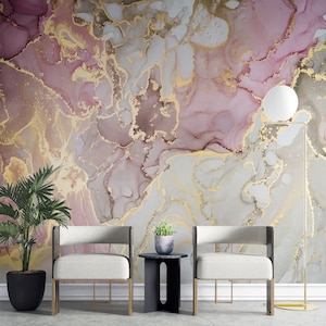 Carta da parati con texture in marmo oro rosa / Design moderno di lusso rosa / Murale con inchiostro acrilico e acquerello / Stacca e attacca / Rimovibile autoadesivo